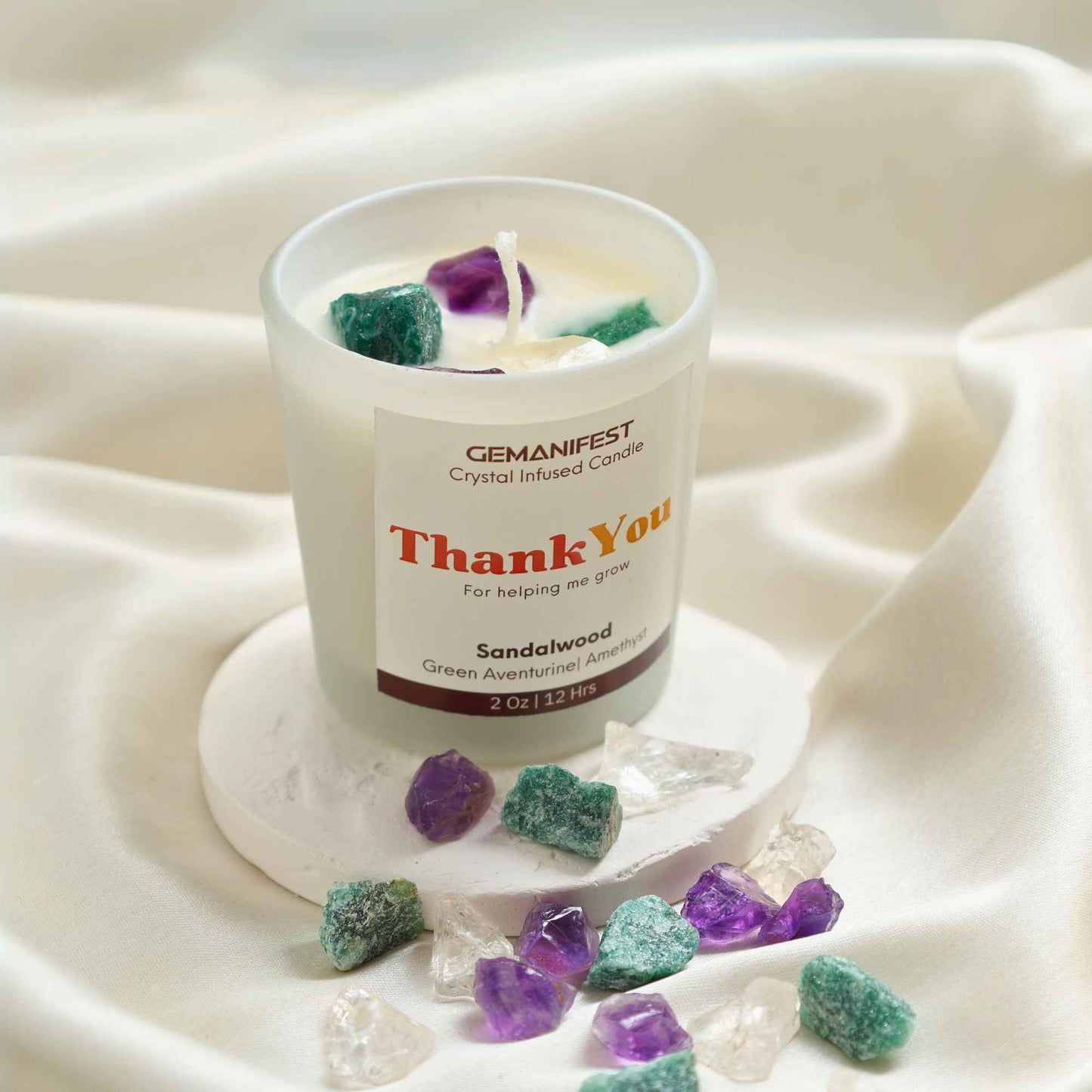 Thank You for Helping Me Grow Candle with Green Aventurine and Amethyst crystals and Sandalwood essential oil for gratitude and appreciation.