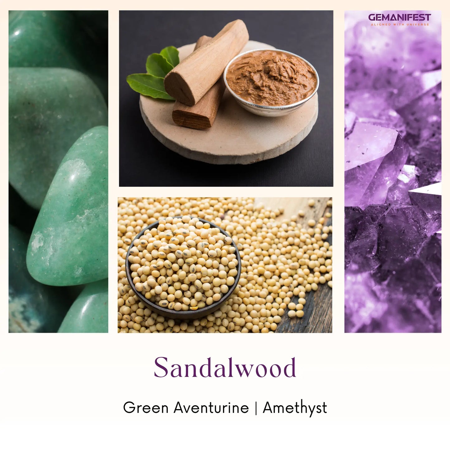 Collage of sandalwood, green aventurine, and amethyst with 'Sandalwood' text.