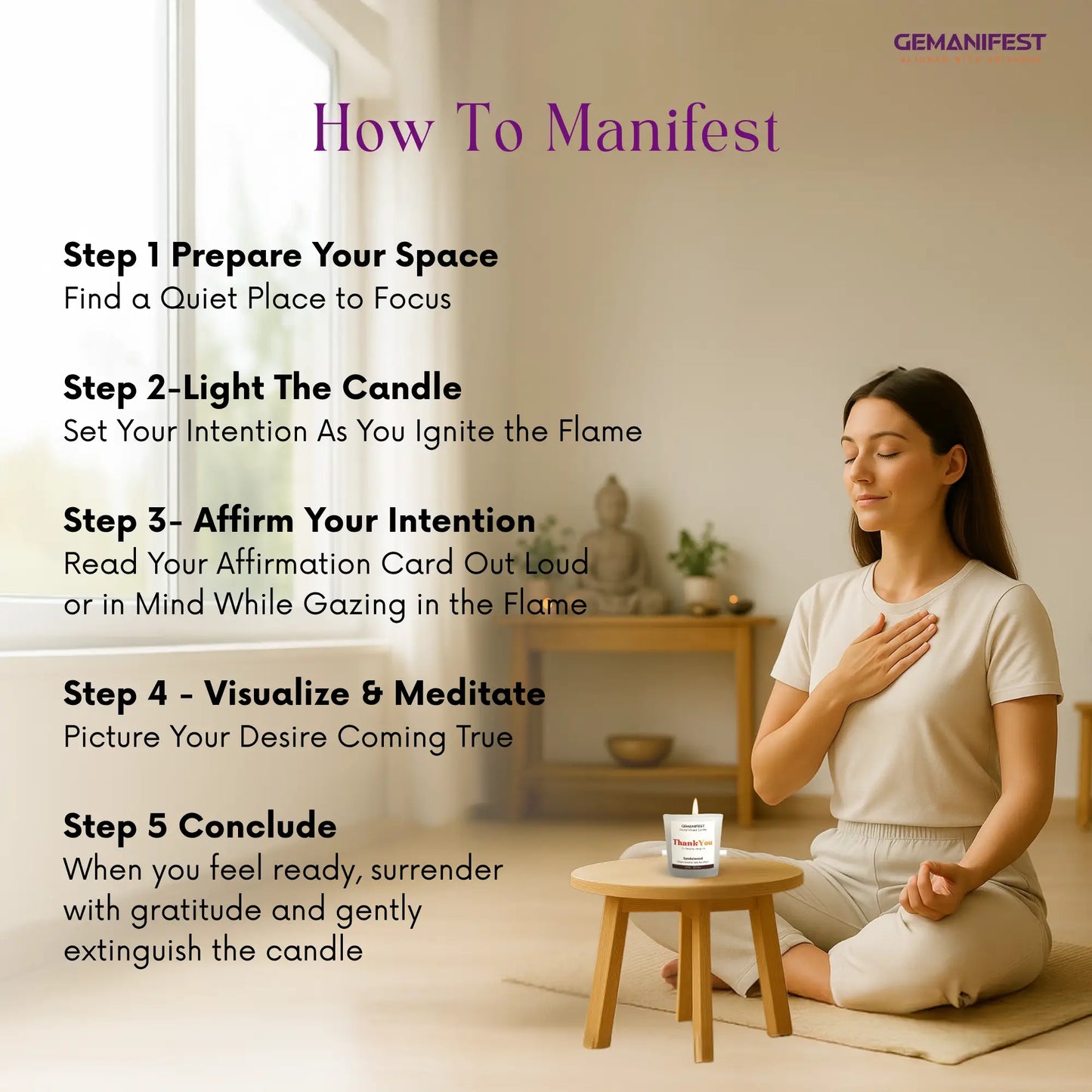 Woman meditating with a Thank You candle in a peaceful room, accompanied by steps on how to manifest.