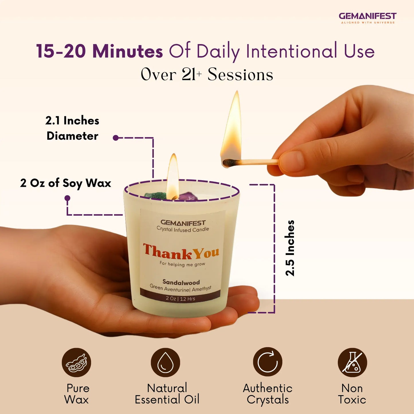 GEMANIFEST Thank You candle with dimensions and features on a beige background