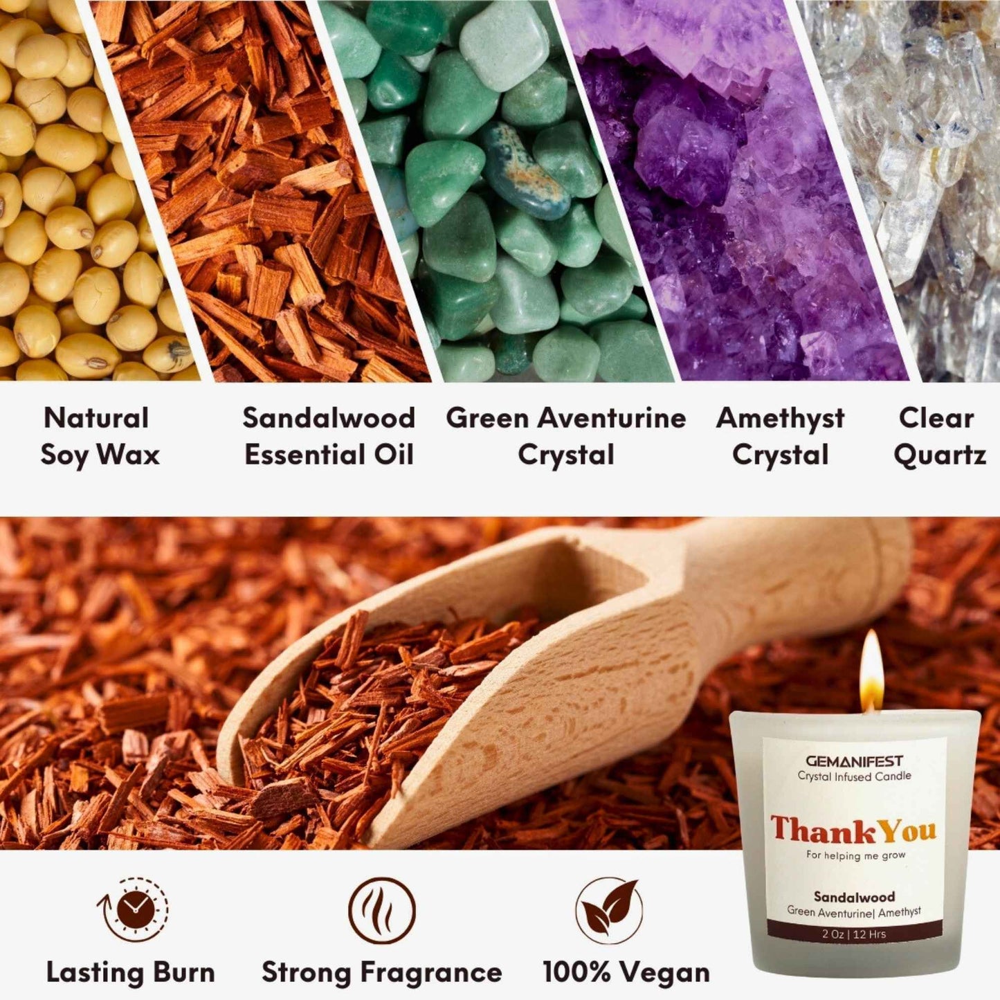 Thank You for Helping Me Grow Candle with Green Aventurine and Amethyst crystals and Sandalwood essential oil for gratitude and appreciation.