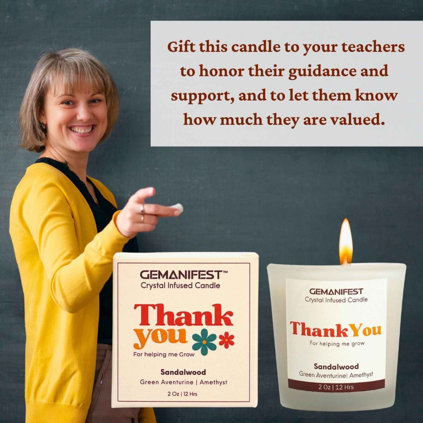 Thank You for Helping Me Grow Candle with Green Aventurine and Amethyst crystals and Sandalwood essential oil for gratitude and appreciation.