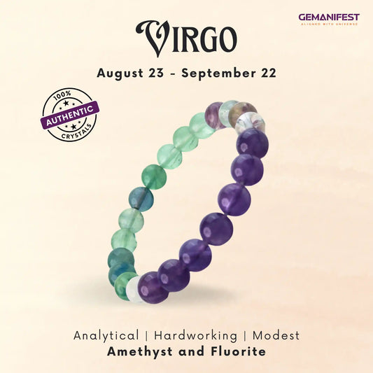 GEMANIFEST Virgo bracelet with amethyst and fluorite beads on a beige background