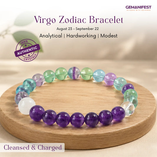 GEMANIFEST Virgo bracelet with amethyst and fluorite beads on a beige background