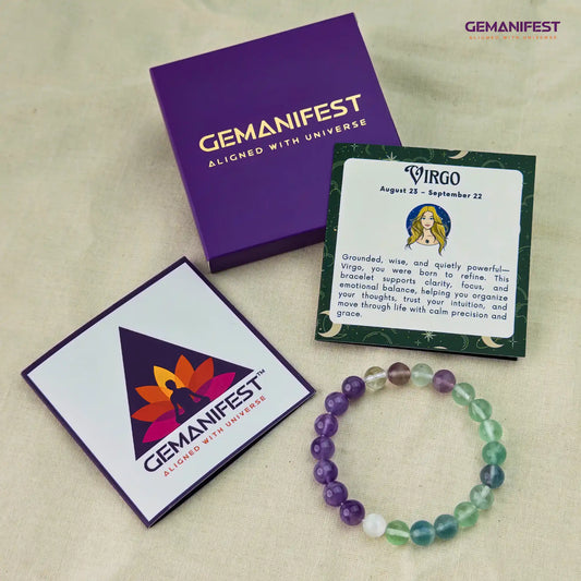 GEMANIFEST Virgo bracelet with amethyst and fluorite beads on a beige background