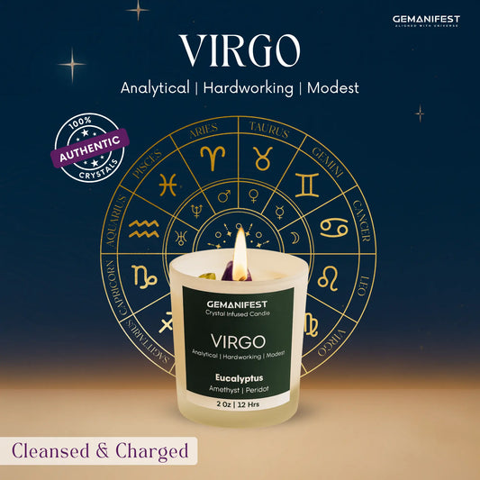 GEMANIFEST Virgo candle with zodiac symbols on a dark blue background