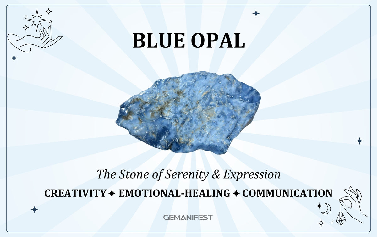 Blue Opal crystal meaning – The Stone of Serenity & Expression, used for emotional healing, clarity, and communication.
