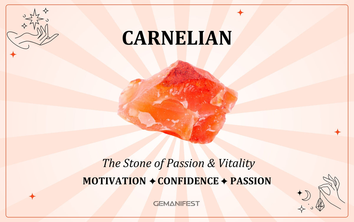 Carnelian crystal meaning – The Stone of Passion & Vitality, used for confidence, motivation, and creativity.