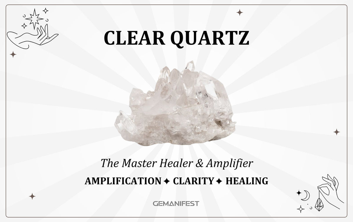 Clear Quartz crystal meaning – The Master Healer & Amplifier, used for clarity, manifestation, and energy balancing.