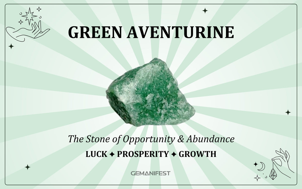 Green Aventurine crystal meaning – The Stone of Opportunity & Abundance, used for prosperity, success, and emotional balance.