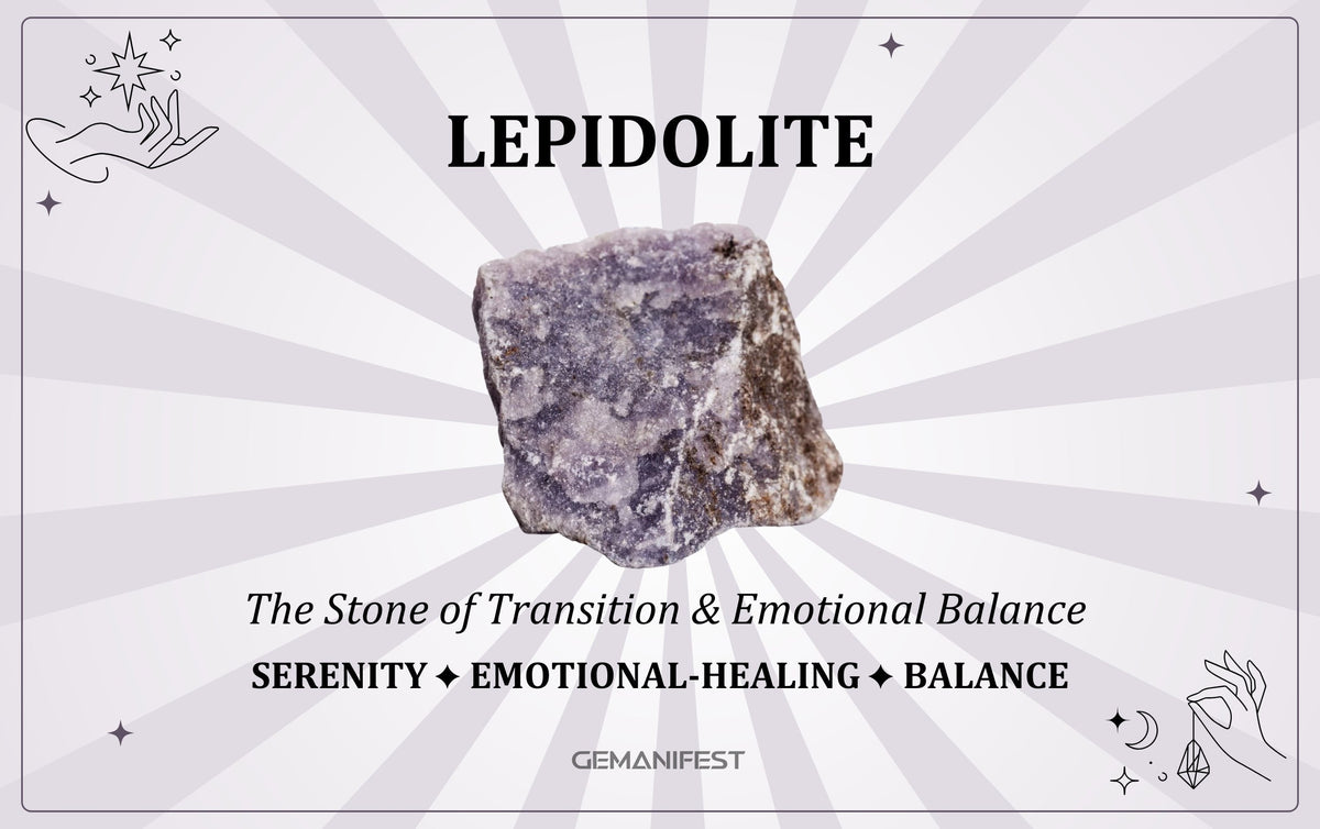 Lepidolite crystal meaning – The Stone of Transition & Emotional Balance, used for stress relief, intuition, and inner peace.