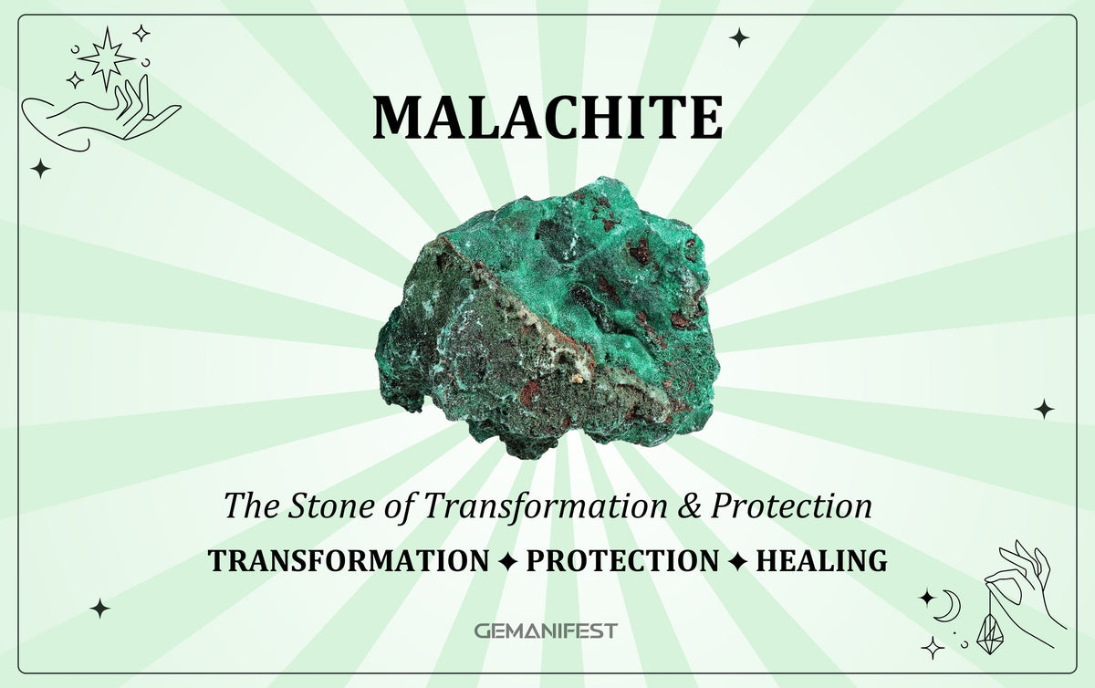 Malachite crystal meaning – The Stone of Transformation & Protection, used for personal growth, healing, and energy protection.