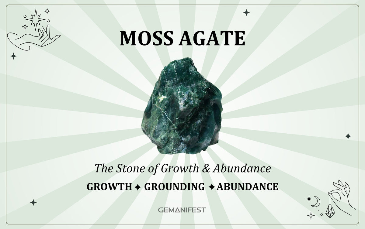 Moss Agate crystal meaning – The Stone of Growth & Abundance, used for prosperity, grounding, and emotional healing.