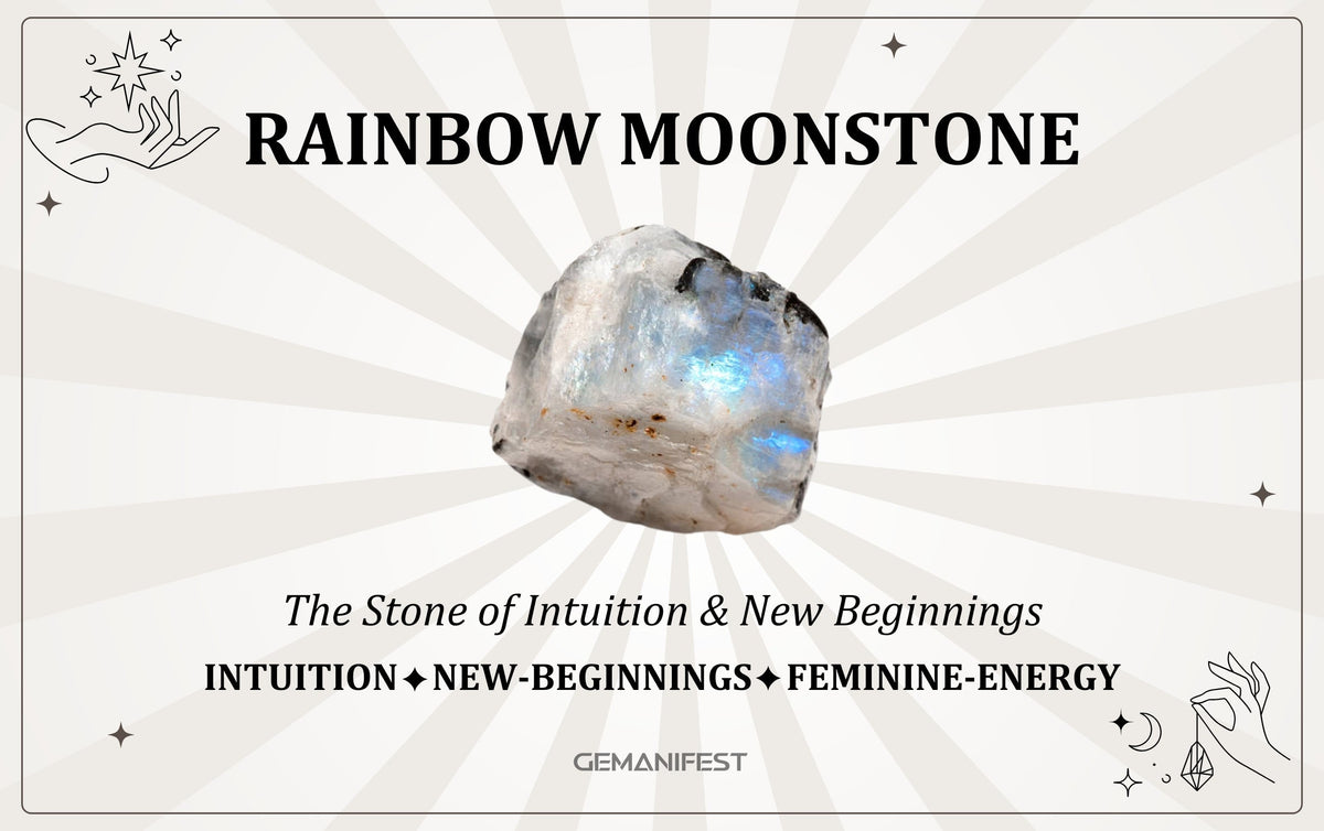 Rainbow Moonstone crystal meaning – The Stone of Intuition & New Beginnings, used for emotional balance, divine connection, and spiritual growth.