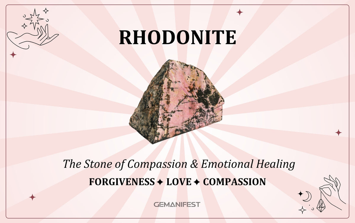 Rhodonite crystal meaning – The Stone of Compassion & Emotional Healing, used for self-love, forgiveness, and emotional balance.
