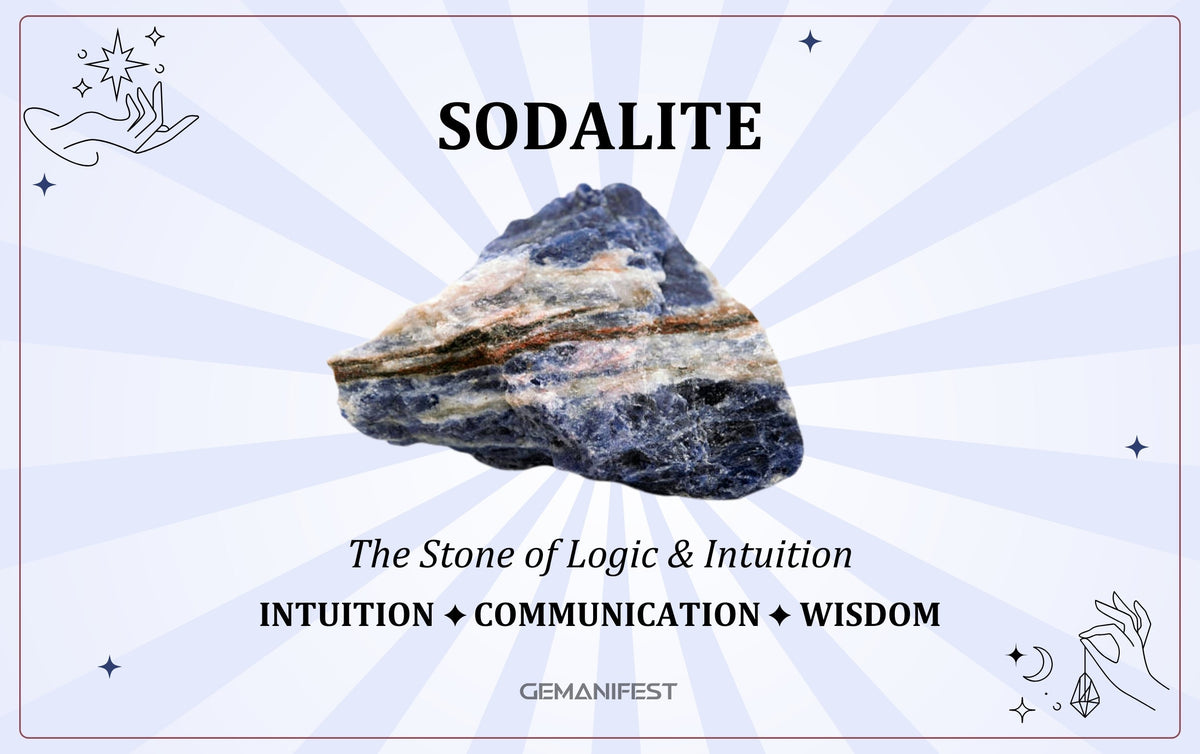 Sodalite crystal meaning – The Stone of Logic & Intuition, used for self-expression, clarity, and deep wisdom.