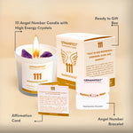 GEMANIFEST 111 Manifestation Candle set with packaging, bracelet, and affirmation card on a beige background.