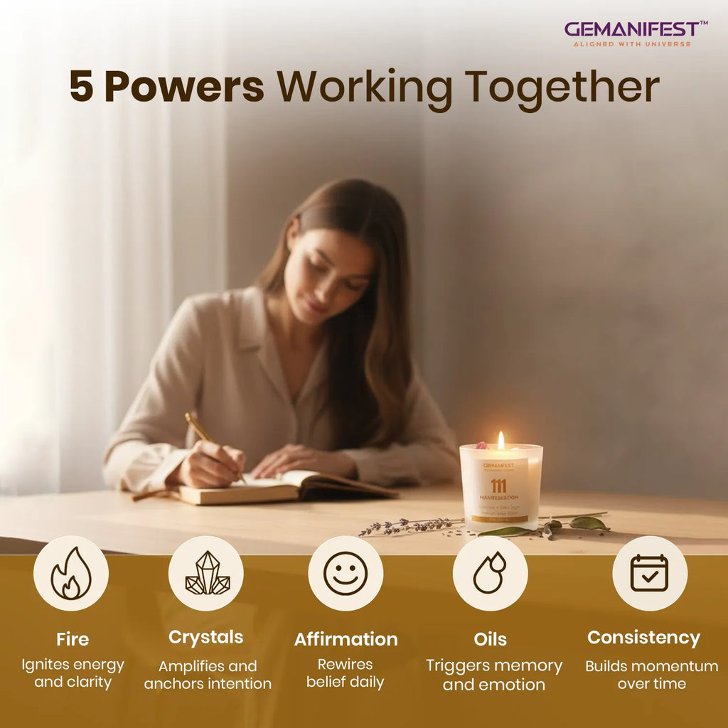 Text about angel number 111 and its significance and what this candle does or helps on a white background with gold accents.