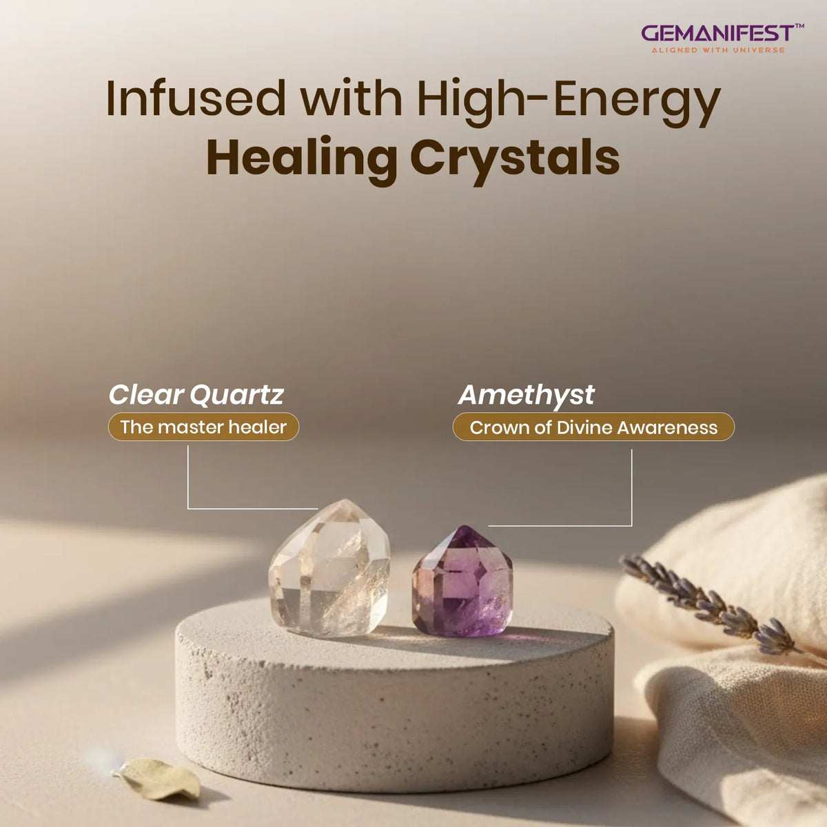GEMANIFEST manifestation candle with crystals on a beige surface