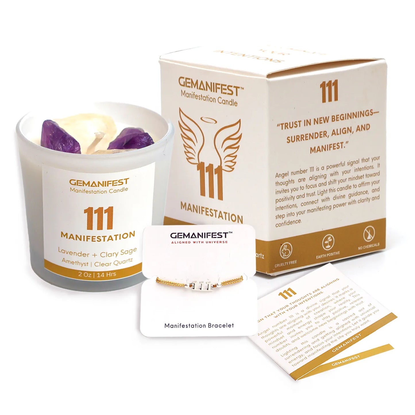 Gemanifest manifestation candle with packaging, bracelet, and card on a white background