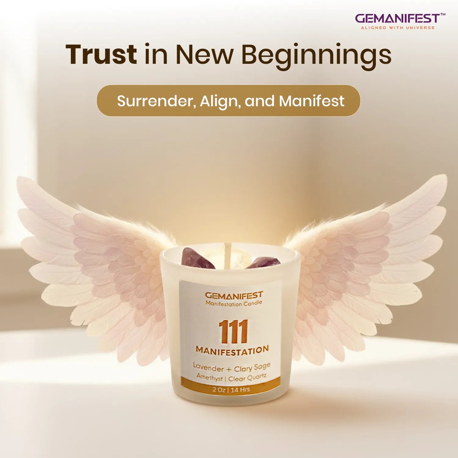 Gemanifest candle with angel wings on a soft background