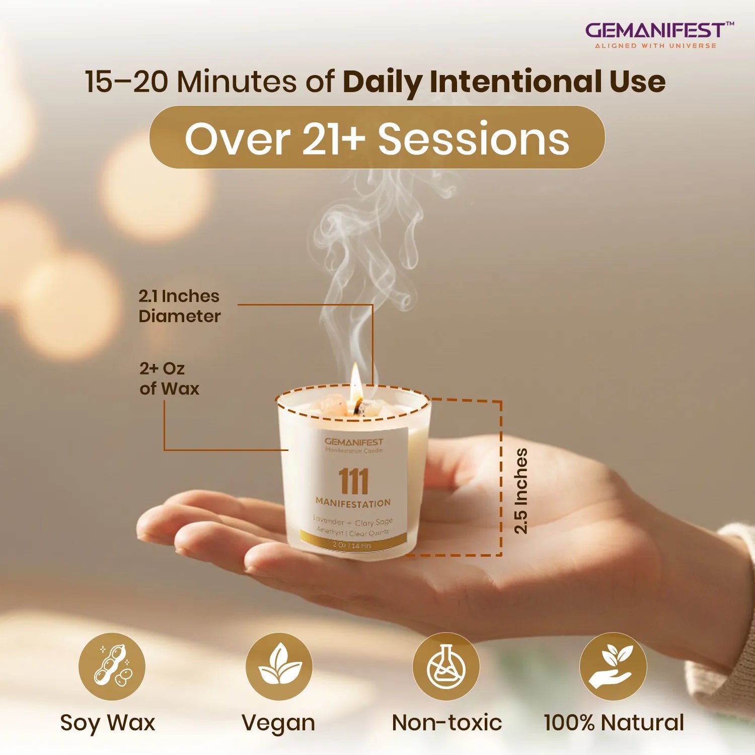 Gemanifest candle held in a hand with product details and branding.