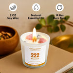 Gemanifest balance candle with product details on a neutral background