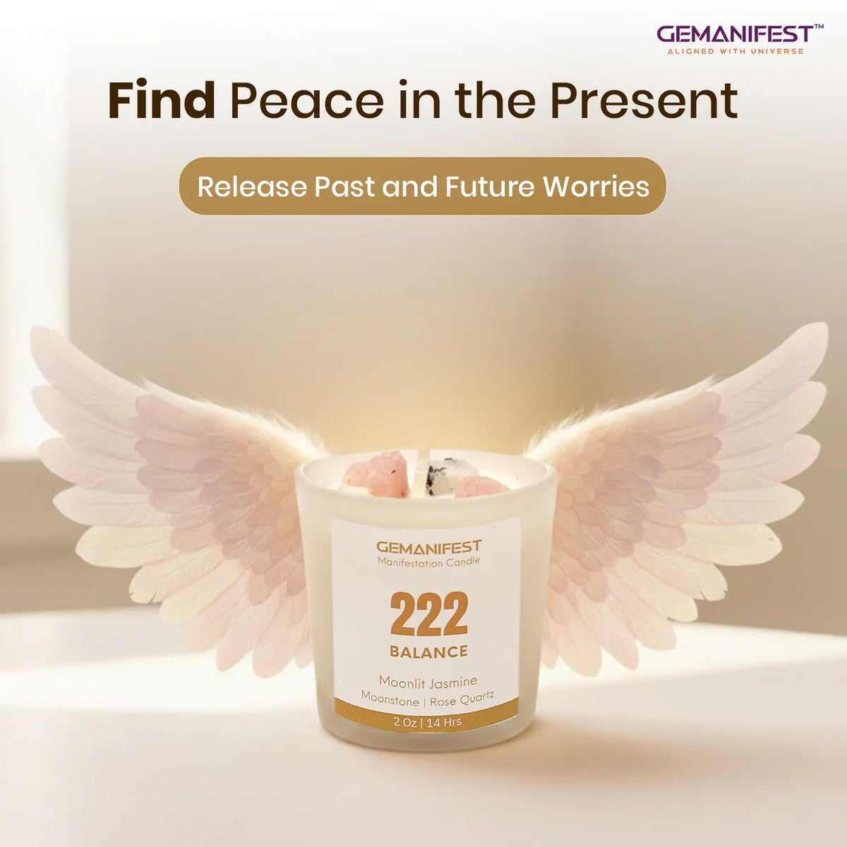 Gemanifest balance candle with product details on a neutral background