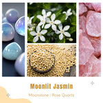 Collage of candle ingredients - moonstone, rose quartz, jasmine flowers, and soy seeds.