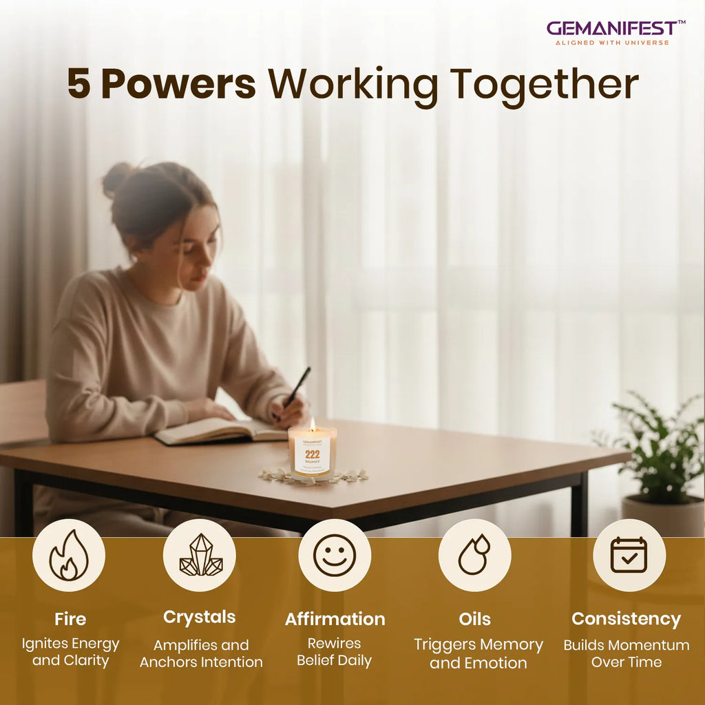 GEMANIFEST 222 Balance candle set with packaging, card, and bracelet on a beige background