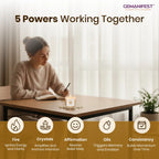 GEMANIFEST 222 Balance candle set with packaging, card, and bracelet on a beige background