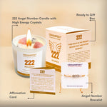 GEMANIFEST 222 Balance candle set with packaging, card, and bracelet on a beige background