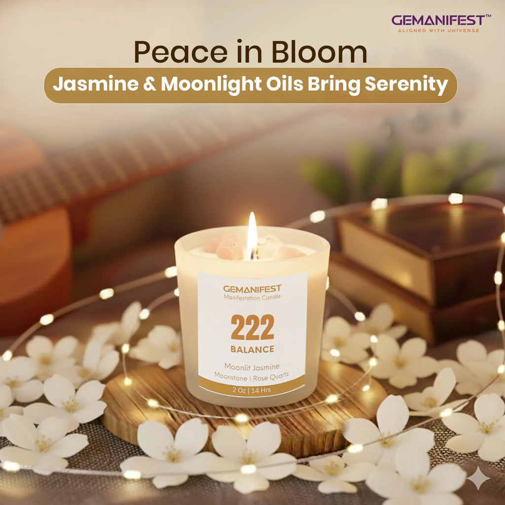 Candle labeled '222 Balance' held by two hands with a blurred background - Perfect Gift for Your Loved Ones