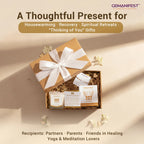 Gift set with candles and cards in a box on a beige background, featuring the brand 'GEMANIFEST'.