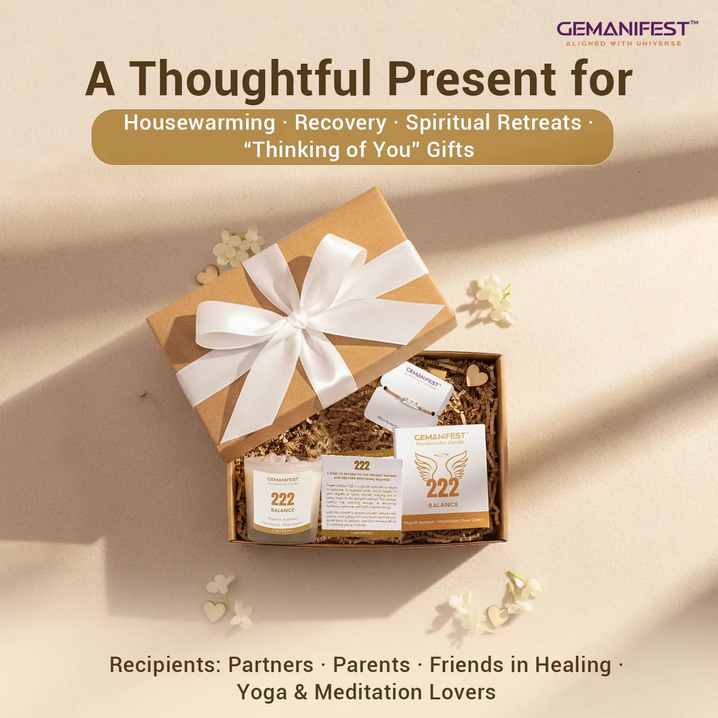Gift set with candles and cards in a box on a beige background, featuring the brand 'GEMANIFEST'.