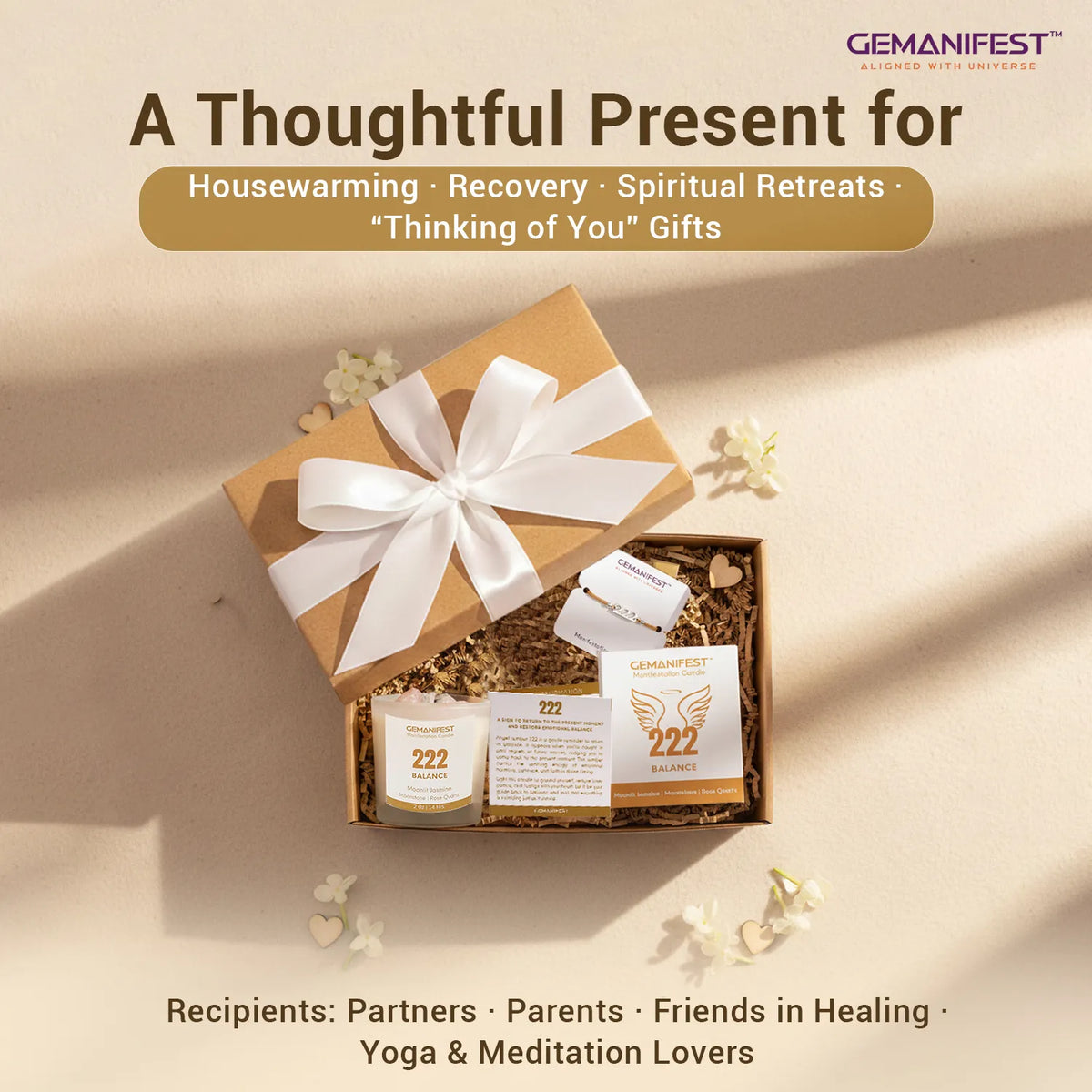 Gift set with candles and cards in a box on a beige background, featuring the brand 'GEMANIFEST'.