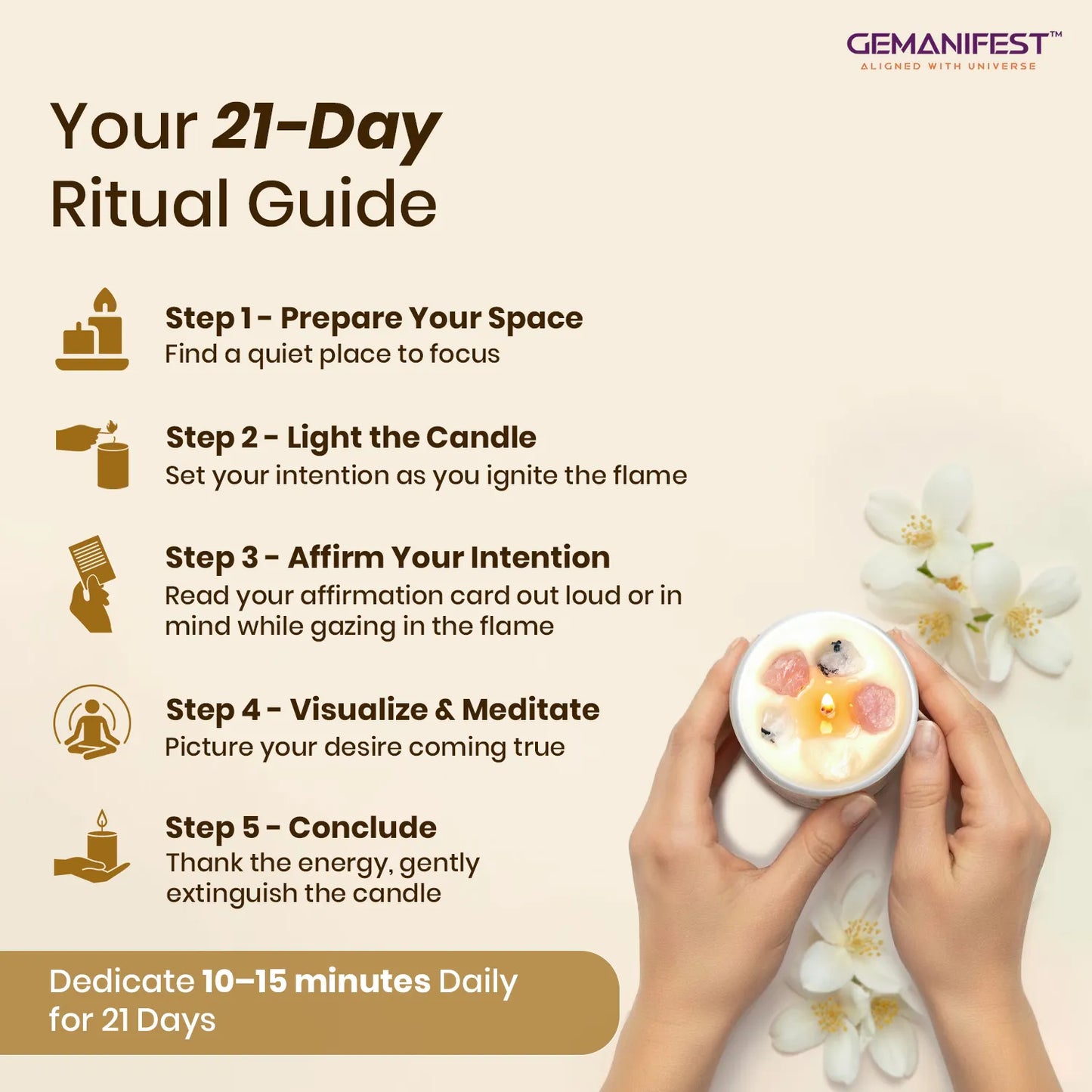 21-Day Ritual Guide with hands holding a candle and flowers, Gemanifest brand visible