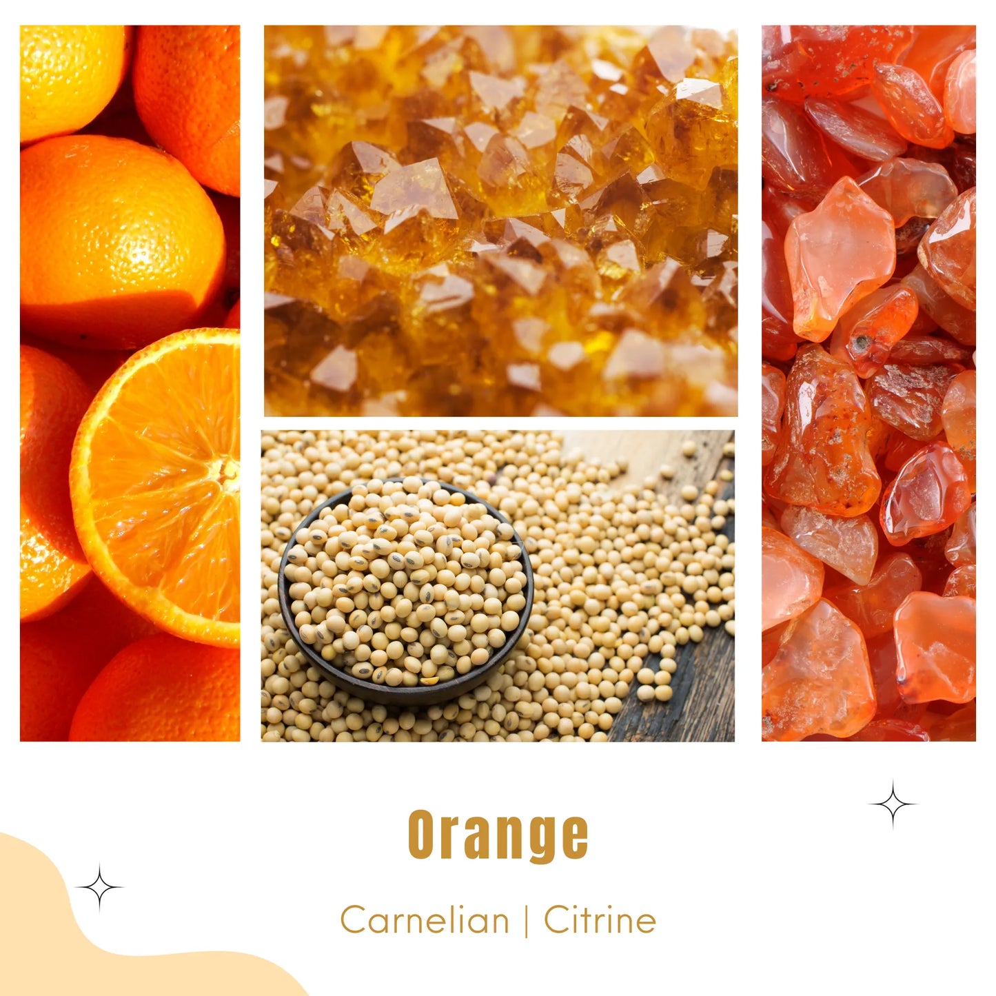 candle ingredients orange essential oil, carnelian and citrine natural gemstones on a beige white background