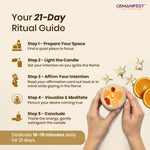 21-Day Ritual Guide with candle and hands holding it, Gemanifest brand visible