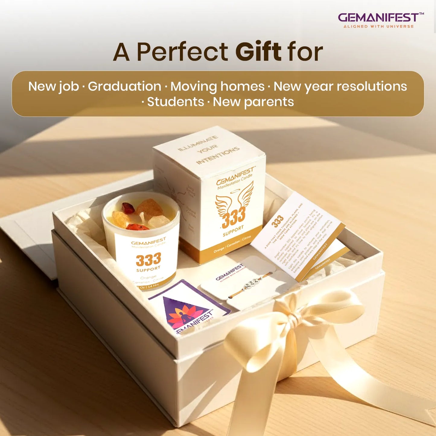 Gift set with 'GEMANIFEST' branding on a wooden surface