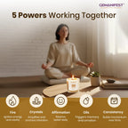 Person meditating with a candle labeled '333' on a wooden floor, surrounded by nature elements.