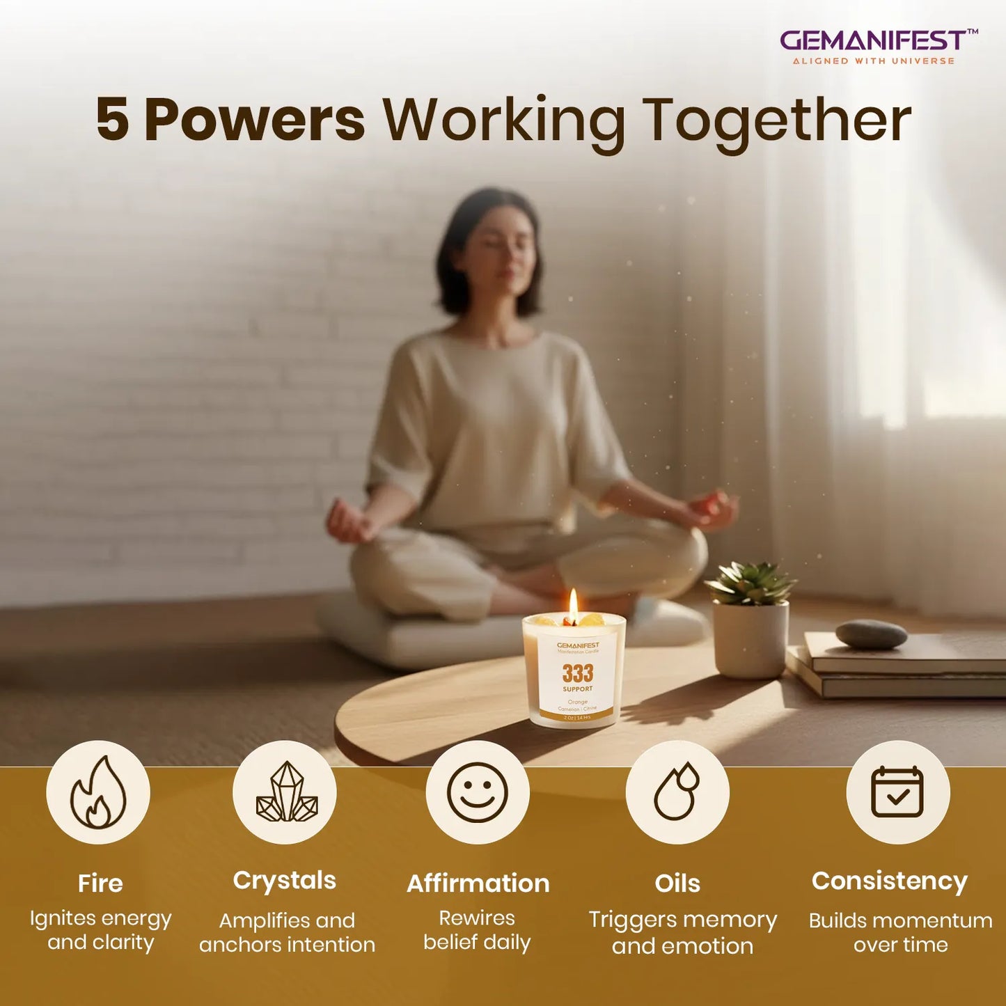 Person meditating with a candle labeled '333' on a wooden floor, surrounded by nature elements.