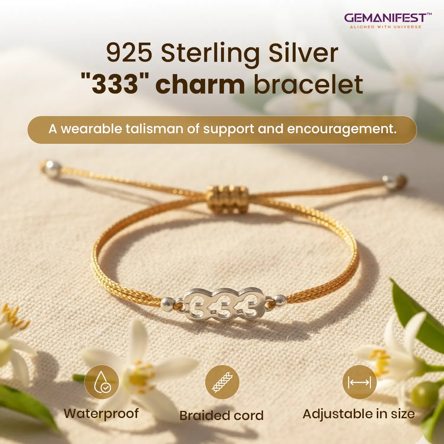925 Sterling Silver '333' charm bracelet with gold accents on a light background, featuring GEMANIFEST branding.