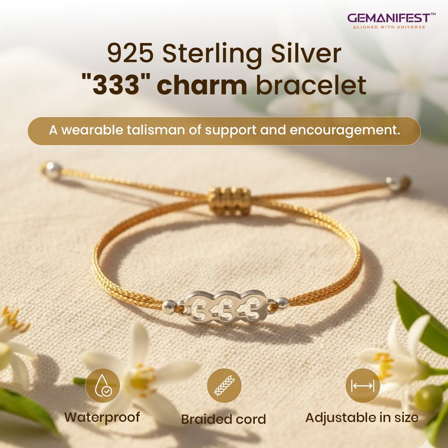 925 Sterling Silver '333' charm bracelet with gold accents on a light background, featuring GEMANIFEST branding.