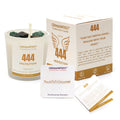 Gemanifest 444 Protection candle with features soy wax, natural essential oil, and 14-hour burn time on a neutral background.