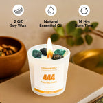 Gemanifest 444 Protection candle with features soy wax, natural essential oil, and 14-hour burn time on a neutral background.