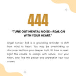 Angel number 444 significance and what and how this candle helps text on white beige background.