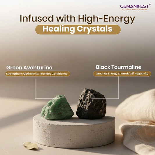 Gemanifest 444 Protection candle with features soy wax, natural essential oil, and 14-hour burn time on a neutral background.