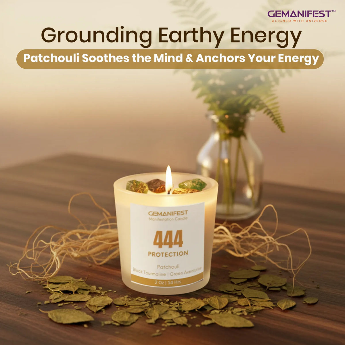Candle labeled '444 Protection' held by two hands with text about divine guidance.