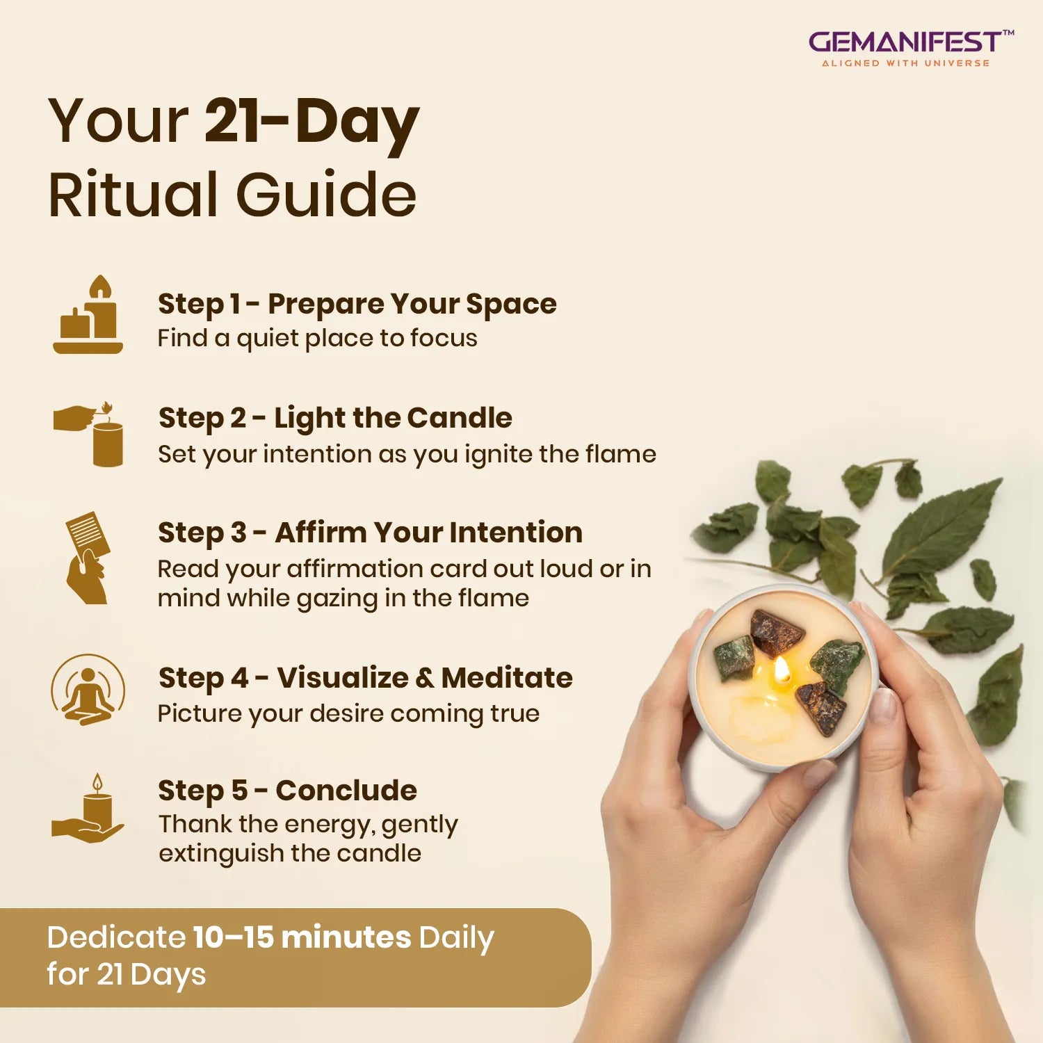 21-Day Ritual Guide with candle and leaves on a light background